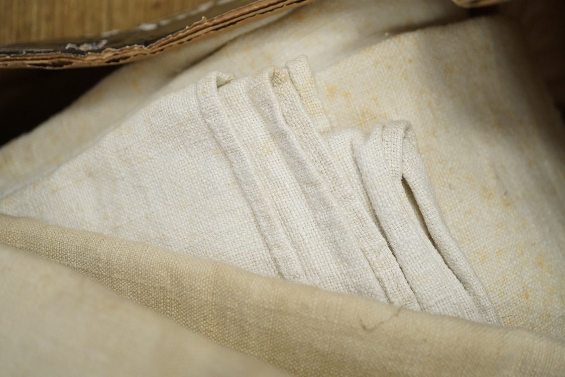 Eight French beige linen provincial sheets, two very coarse earlier linen sheets, the other six later not as coarse.